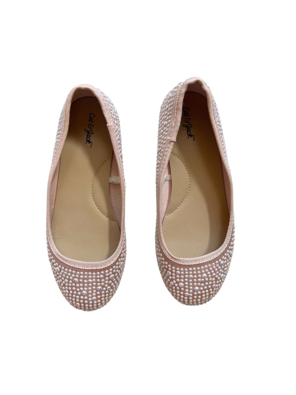 Cat & Jack Blush Pink Pearl-Stud Ballet Flats - Non-Marking | Girls Size 13